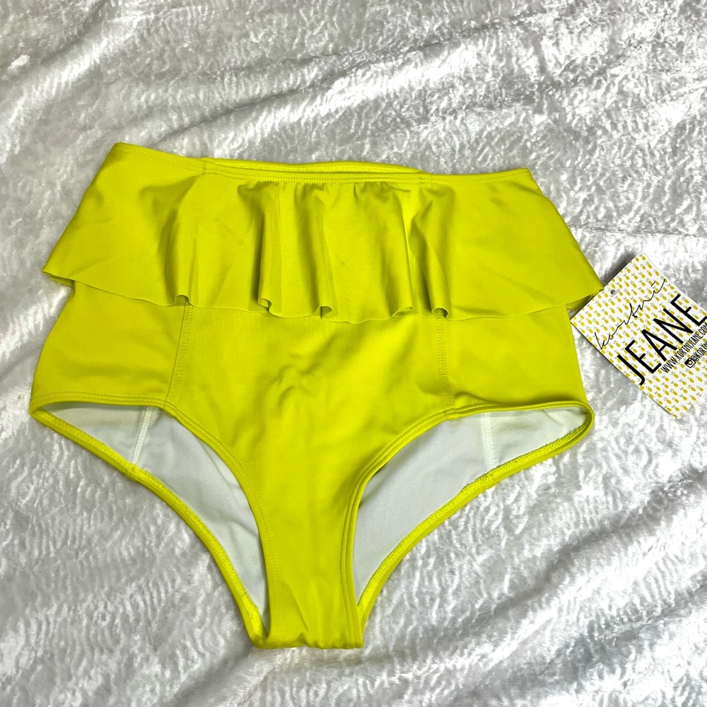 Kortni Jeane Neon Green/ Yellow High-Waisted Bikini Bottoms size Small-NWT